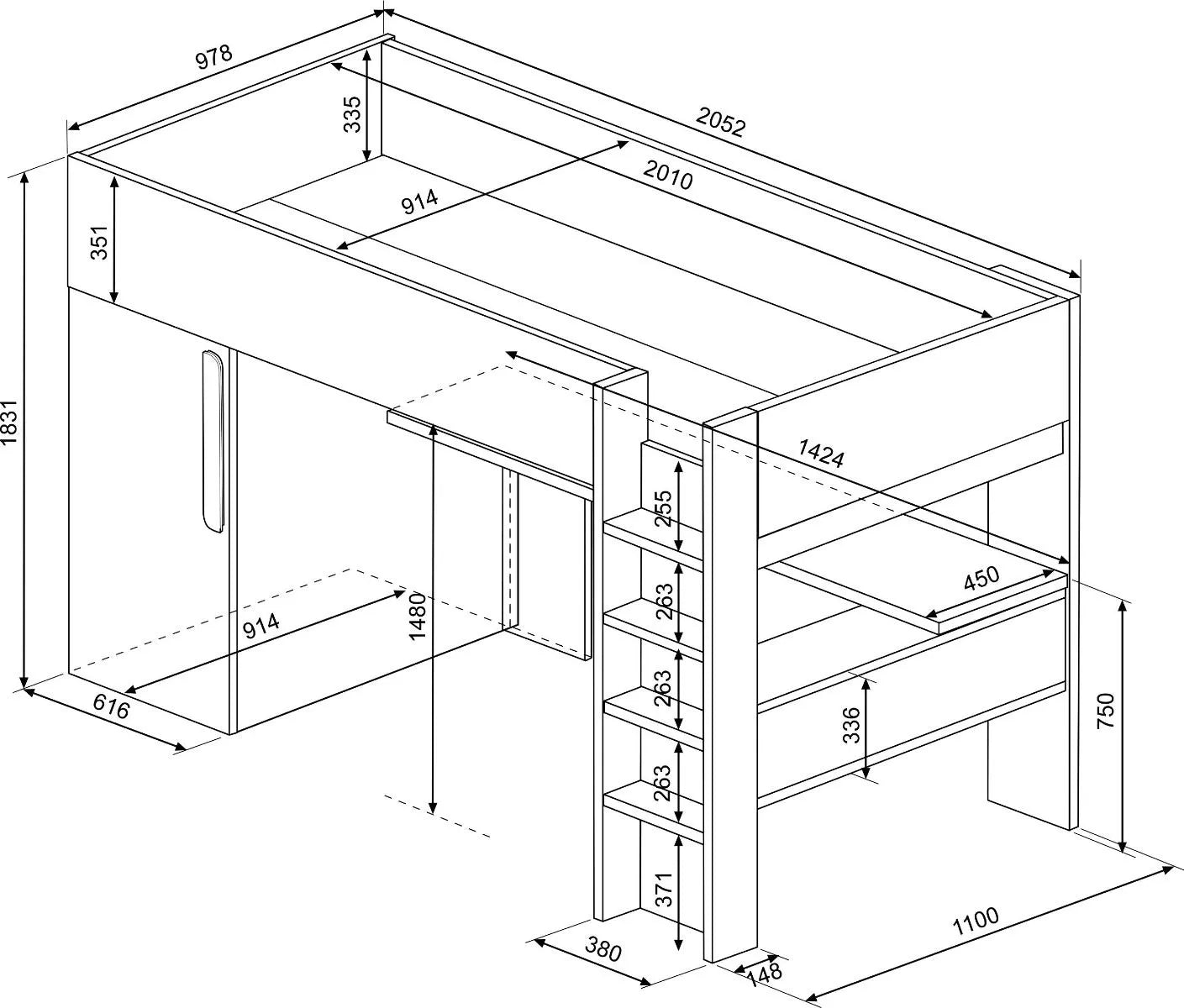 Loftseng med garderobeskap og skrivebord - 90x200 image