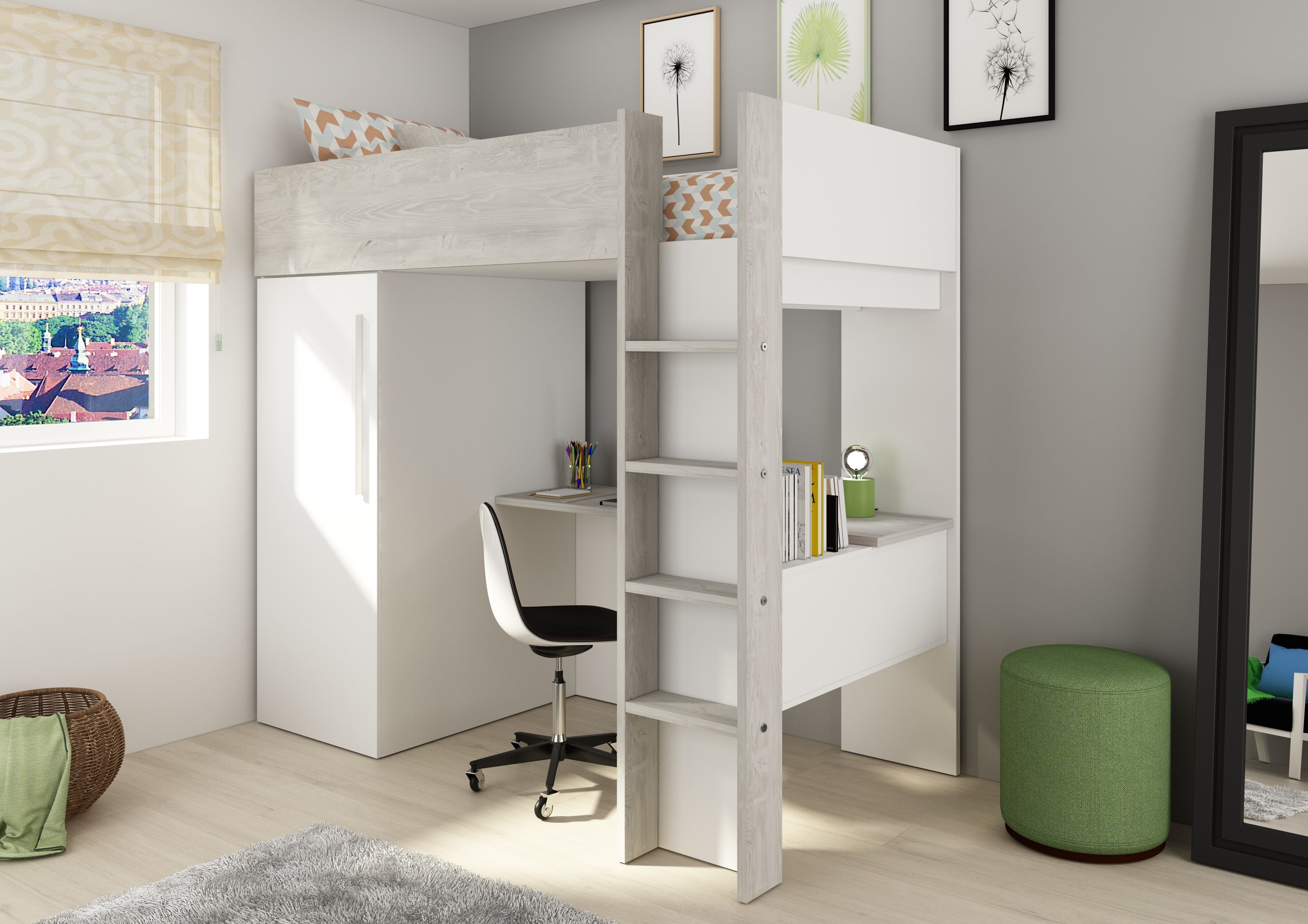 Loftseng med garderobeskap og skrivebord - 90x200 image