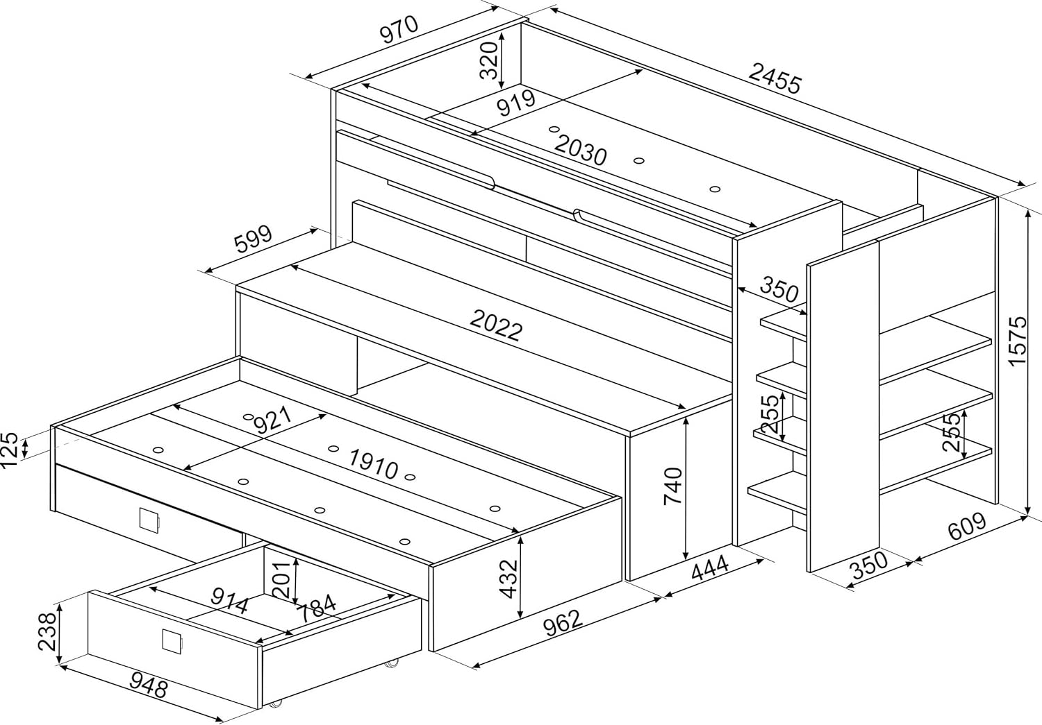 Sindre multifunktionell våningssäng med skrivbord och utdragbar säng - Vit image