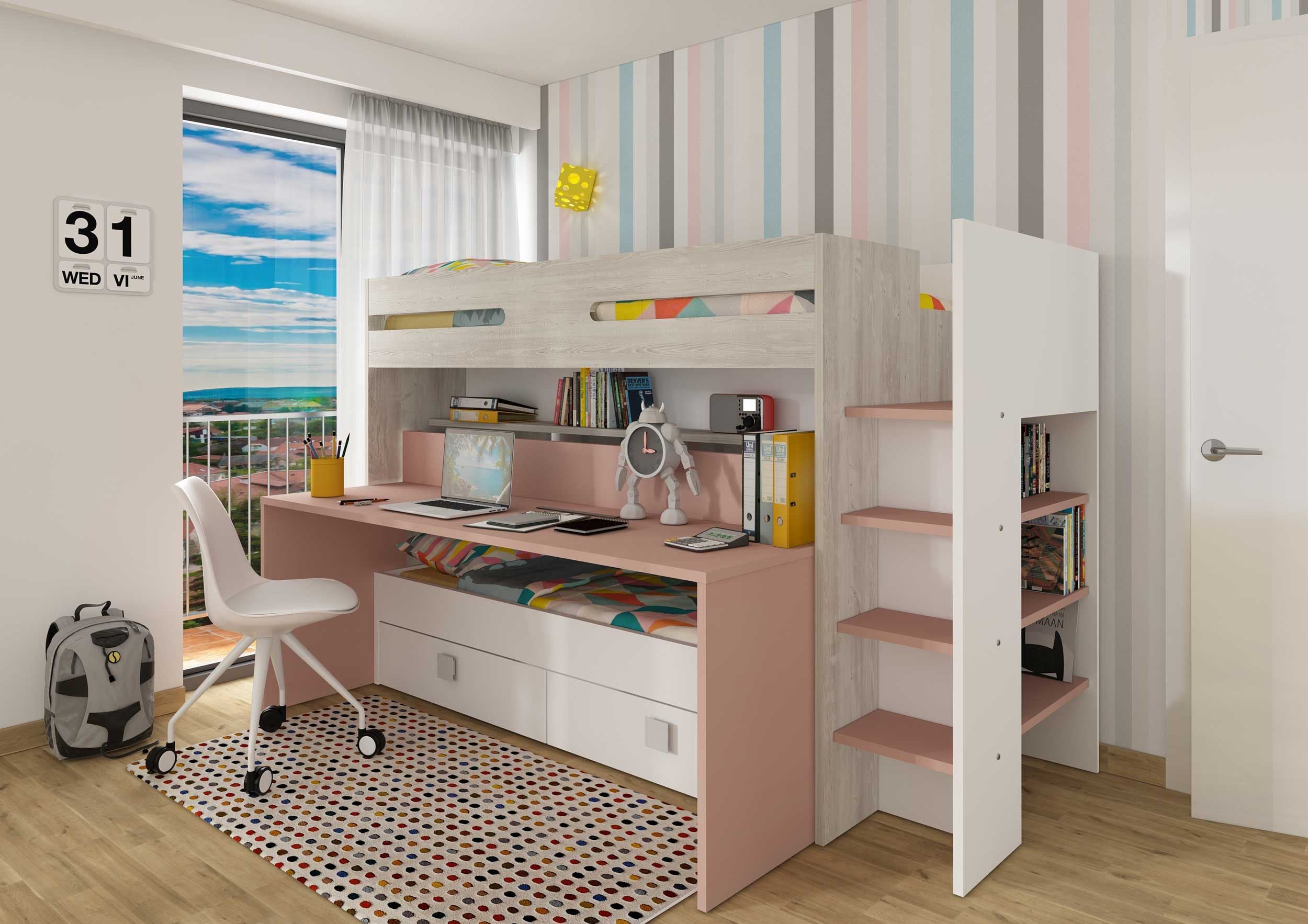 Sindre multifunktionell våningssäng med skrivbord och utdragbar säng – Elegant och Praktisk i Antique Pink image