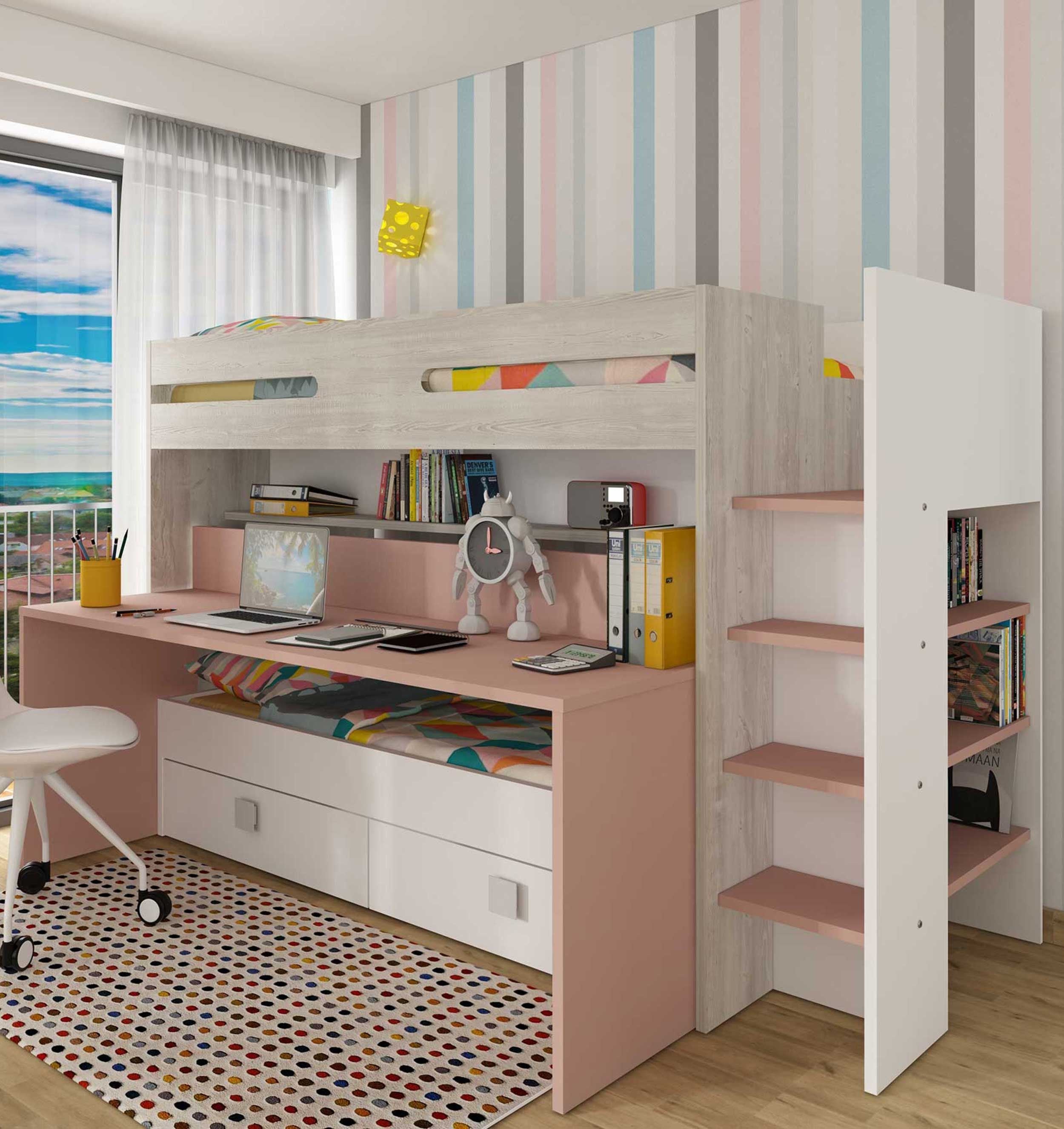 Sindre multifunktionell våningssäng med skrivbord och utdragbar säng – Elegant och Praktisk i Antique Pink image